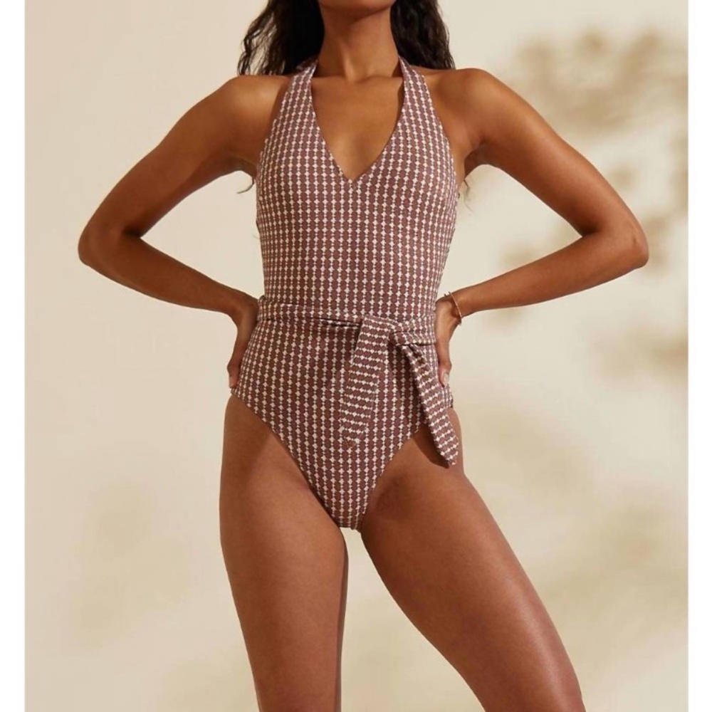 Lemlem Brown & White Halter One-Piece Swimsuit